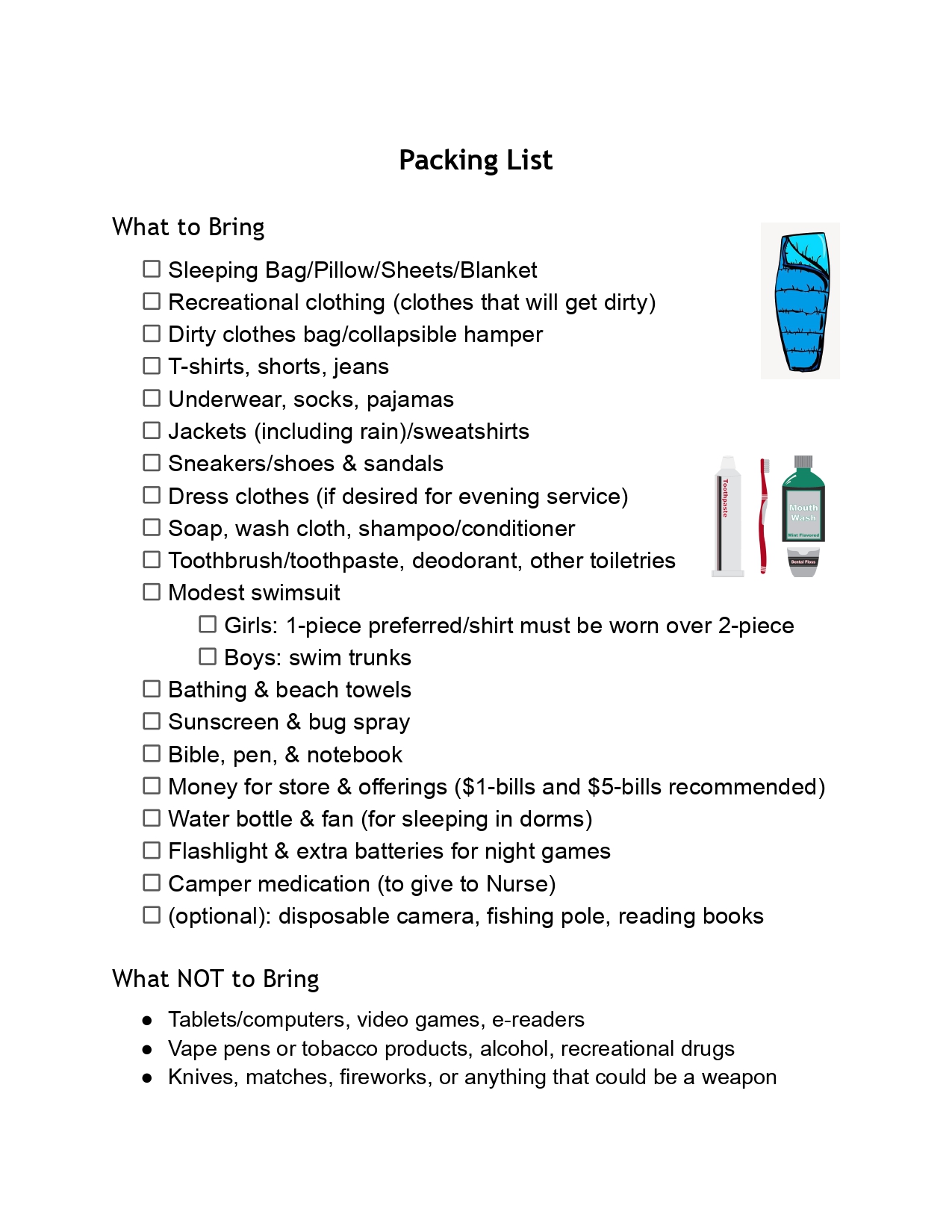 Packing List Do's & Don'ts  Delanco Camp